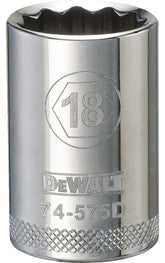 DeWALT DWMT74575OSP Drive Socket, 18 mm Socket, 1/2 in Drive, 12-Point, Steel, Polished Chrome Vanadium